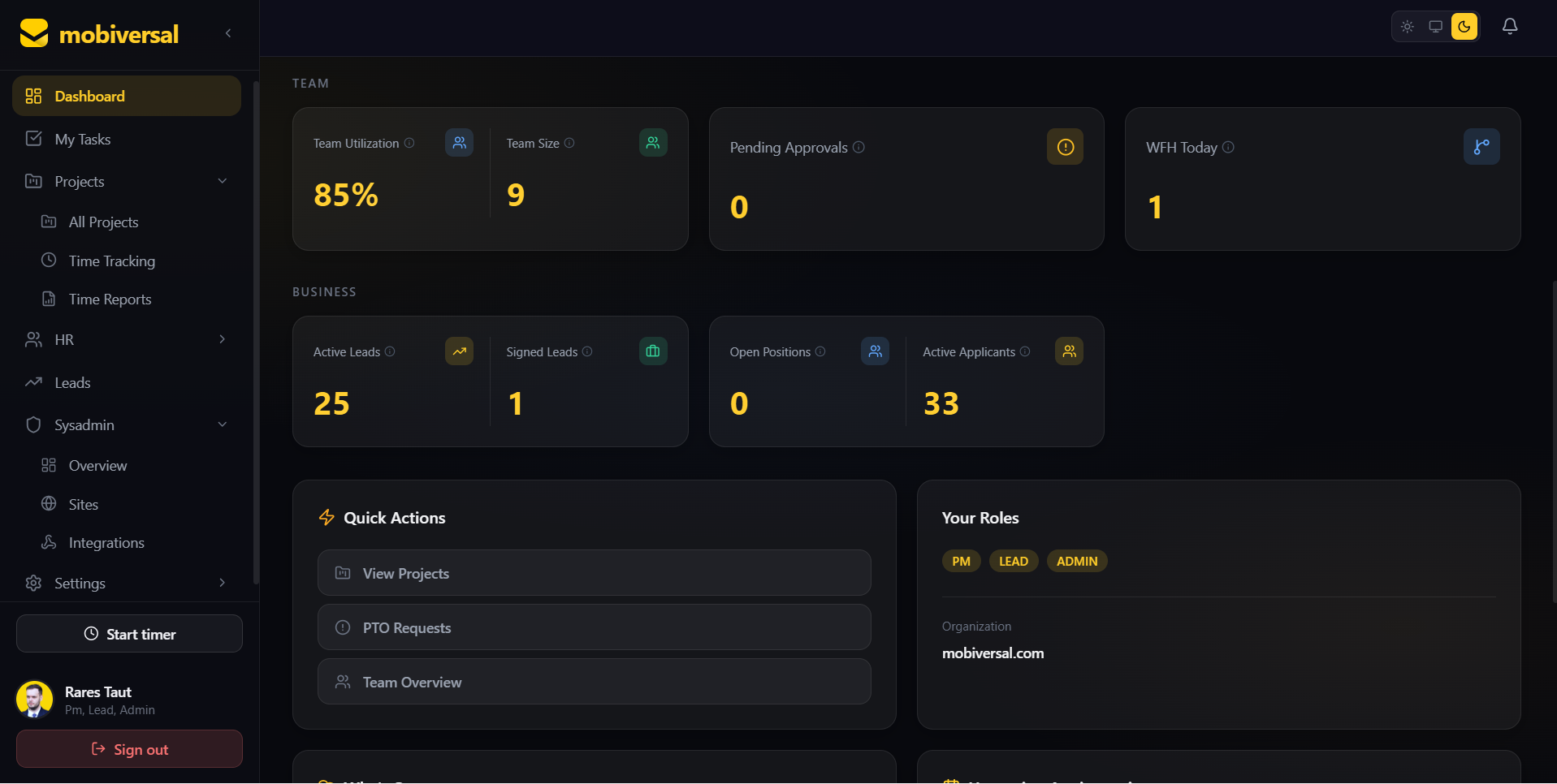AgencySpot dashboard showing team utilization, pending approvals, active leads, open positions and quick actions